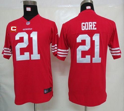  49ers #21 Frank Gore Red Team Color With C Patch Youth Stitched NFL Elite Jersey