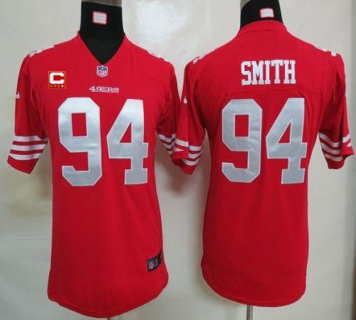 49ers #94 Justin Smith Red Team Color With C Patch Youth Stitched NFL Elite Jersey