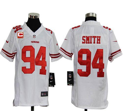  49ers #94 Justin Smith White With C Patch Youth Stitched NFL Elite Jersey