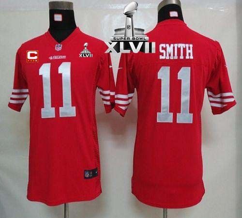  49ers #11 Alex Smith Red Team Color With C Patch Super Bowl XLVII Youth Stitched NFL Elite Jersey