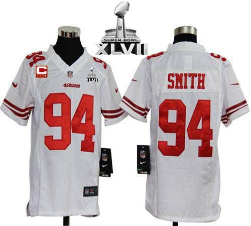  49ers #94 Justin Smith White With C Patch Super Bowl XLVII Youth Stitched NFL Elite Jersey