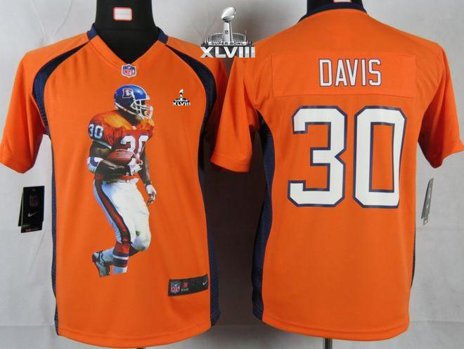  Broncos #30 Terrell Davis Orange Team Color Super Bowl XLVIII Youth Portrait Fashion NFL Game Jersey
