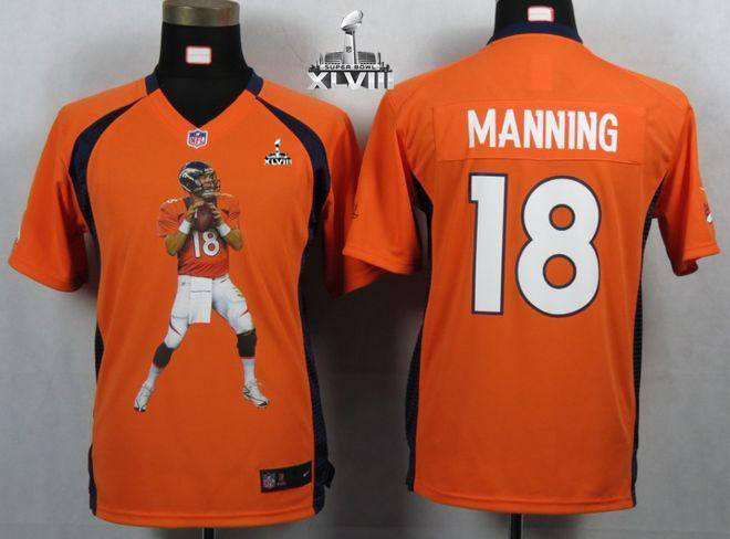  Broncos #18 Peyton Manning Orange Team Color Super Bowl XLVIII Youth Portrait Fashion NFL Game Jersey