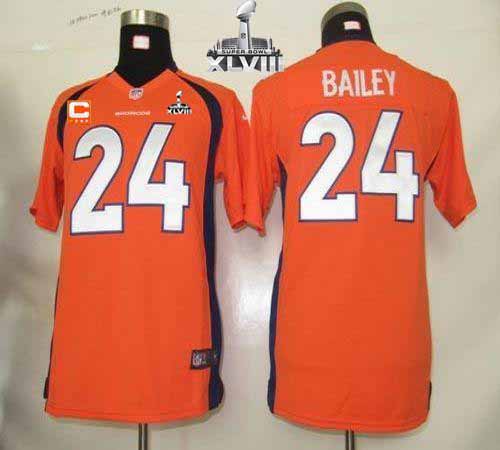  Broncos #24 Champ Bailey Orange Team Color With C Patch Super Bowl XLVIII Youth Stitched NFL Elite Jersey