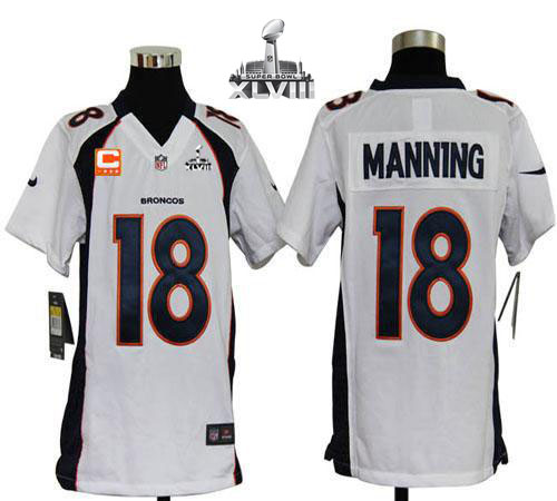  Broncos #18 Peyton Manning White With C Patch Super Bowl XLVIII Youth Stitched NFL Elite Jersey