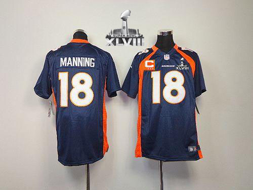  Broncos #18 Peyton Manning Blue Alternate With C Patch Super Bowl XLVIII Youth Stitched NFL Elite Jersey