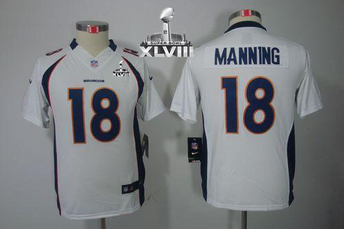  Broncos #18 Peyton Manning White Super Bowl XLVIII Youth Stitched NFL Limited Jersey