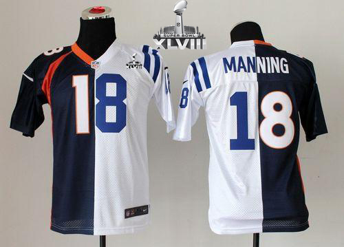  Broncos #18 Peyton Manning Blue/White Super Bowl XLVIII Youth Stitched NFL Elite Split Colts Jersey