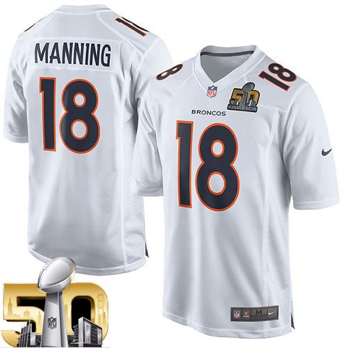  Broncos #18 Peyton Manning White Super Bowl 50 Youth Stitched NFL Game Event Jersey