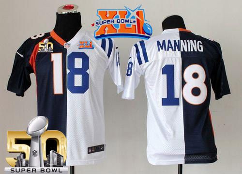  Broncos #18 Peyton Manning Blue/White Super Bowl XLI & Super Bowl 50 Youth Stitched NFL Elite Split Colts Jersey