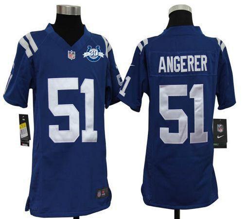  Colts #51 Pat Angerer Royal Blue Team Color With 30TH Seasons Patch Youth Stitched NFL Elite Jersey