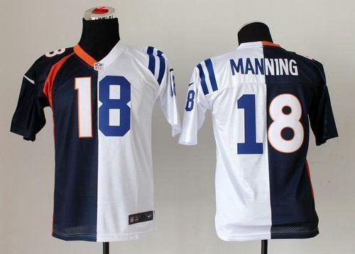  Colts #18 Peyton Manning Blue/White Youth Stitched NFL Elite Split Broncos Jersey