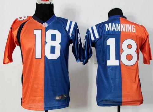  Colts #18 Peyton Manning Orange/Blue Youth Stitched NFL Elite Split Broncos Jersey