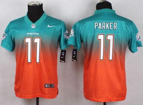  Dolphins #11 DeVante Parker Aqua Green/Orange Youth Stitched NFL Elite Fadeaway Fashion Jersey