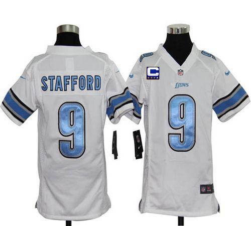 Lions #9 Matthew Stafford White With C Patch Youth Stitched NFL Elite Jersey
