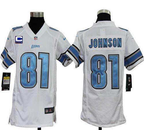  Lions #81 Calvin Johnson White With C Patch Youth Stitched NFL Elite Jersey