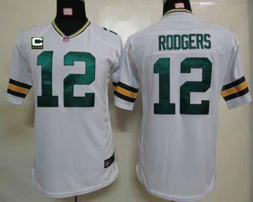  Packers #12 Aaron Rodgers White With C Patch Youth Stitched NFL Elite Jersey