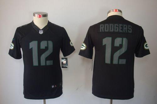  Packers #12 Aaron Rodgers Black Impact Youth Stitched NFL Limited Jersey