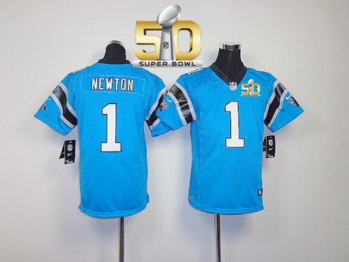  Panthers #1 Cam Newton Blue Alternate Super Bowl 50 Youth Stitched NFL Elite Jersey