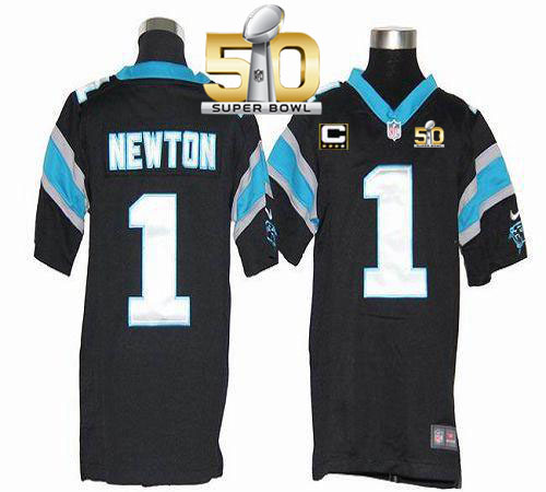  Panthers #1 Cam Newton Black Team Color With C Patch Super Bowl 50 Youth Stitched NFL Elite Jersey