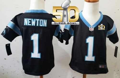 Toddler  Panthers #1 Cam Newton Black Team Color Super Bowl 50 Stitched NFL Elite Jersey