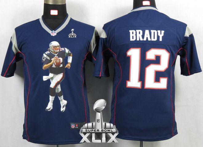  Patriots #12 Tom Brady Navy Blue Team Color Super Bowl XLIX Youth Portrait Fashion NFL Game Jersey