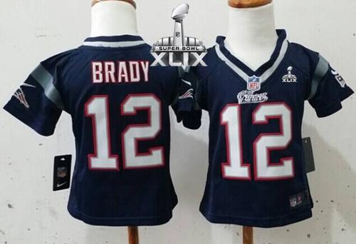 Toddler  Patriots #12 Tom Brady Navy Blue Team Color Super Bowl XLIX Stitched NFL Elite Jersey