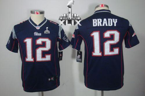  Patriots #12 Tom Brady Navy Blue Team Color Super Bowl XLIX Youth Stitched NFL Limited Jersey