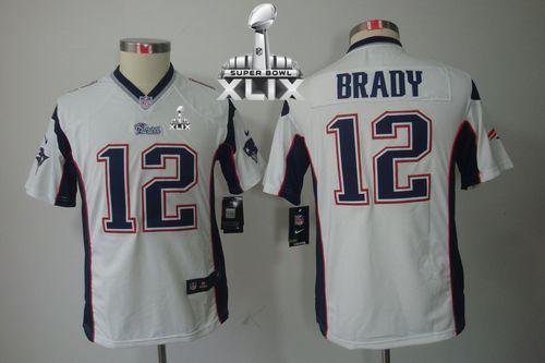  Patriots #12 Tom Brady White Super Bowl XLIX Youth Stitched NFL Limited Jersey