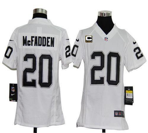  Raiders #20 Darren McFadden White With C Patch Youth Stitched NFL Elite Jersey