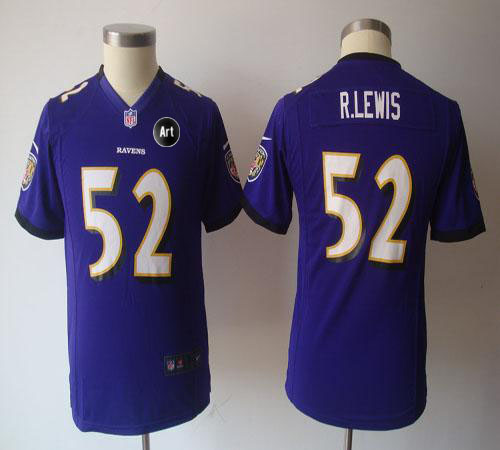  Ravens #52 Ray Lewis Purple Team Color With Art Patch Youth NFL Game Jersey