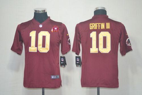  Redskins #10 Robert Griffin III Burgundy Red(Gold Number) 80TH Patch Youth Stitched NFL Elite Jersey