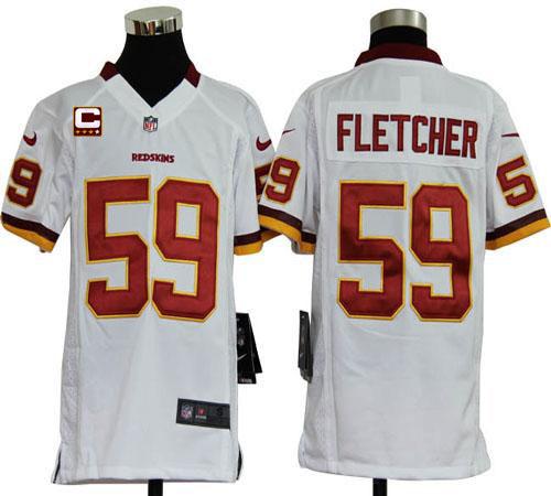  Redskins #59 London Fletcher White With C Patch Youth Stitched NFL Elite Jersey