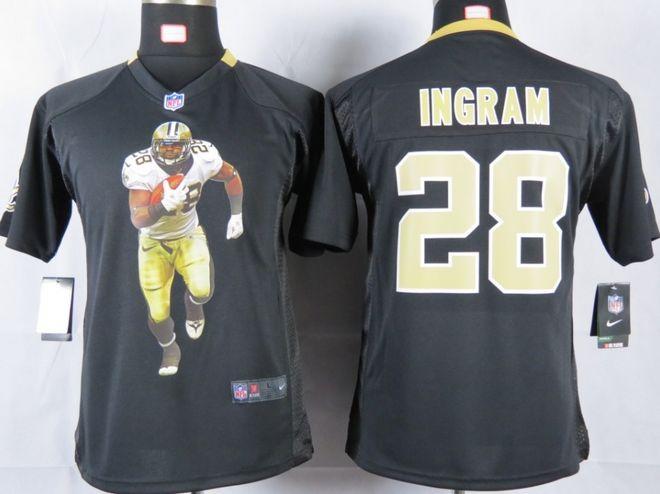  Saints #28 Mark Ingram Black Team Color Youth Portrait Fashion NFL Game Jersey