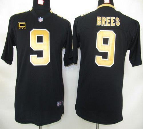  Saints #9 Drew Brees Black Team Color With C Patch Youth Stitched NFL Elite Jersey