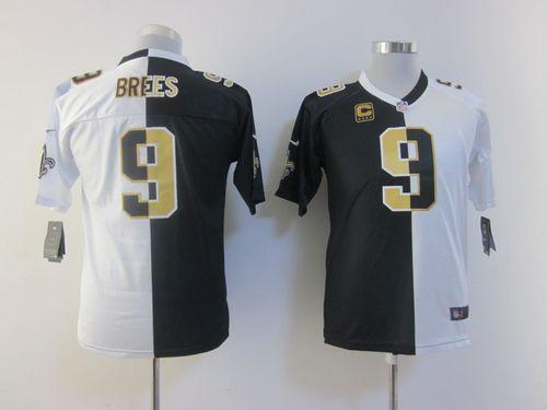  Saints #9 Drew Brees Black/White Youth Stitched NFL Elite Split Jersey