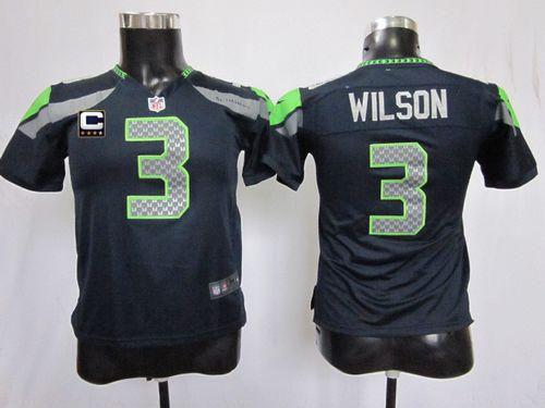  Seahawks #3 Russell Wilson Steel Blue Team Color With C Patch Youth Stitched NFL Elite Jersey