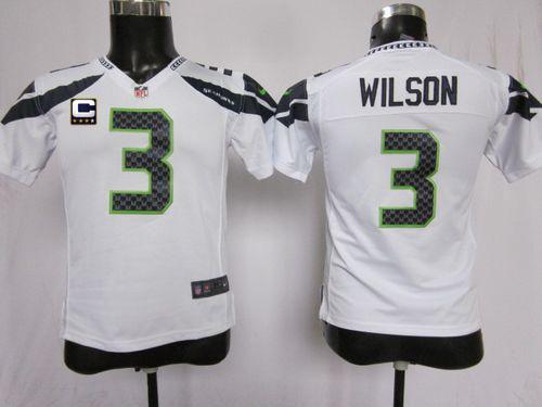  Seahawks #3 Russell Wilson White With C Patch Youth Stitched NFL Elite Jersey