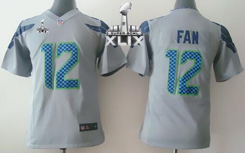  Seahawks #12 Fan Grey Alternate Super Bowl XLIX Youth Stitched NFL Elite Jersey