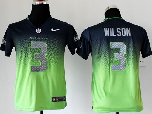  Seahawks #3 Russell Wilson Steel Blue/Green Youth Stitched NFL Elite Fadeaway Fashion Jersey
