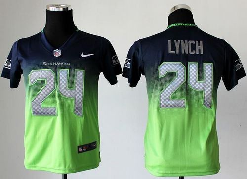  Seahawks #24 Marshawn Lynch Steel Blue/Green Youth Stitched NFL Elite Fadeaway Fashion Jersey