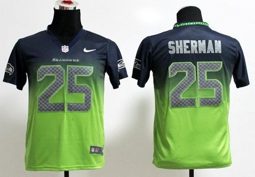  Seahawks #25 Richard Sherman Steel Blue/Green Youth Stitched NFL Elite Fadeaway Fashion Jersey