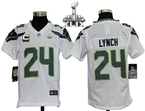  Seahawks #24 Marshawn Lynch White With C Patch Super Bowl XLIX Youth Stitched NFL Elite Jersey