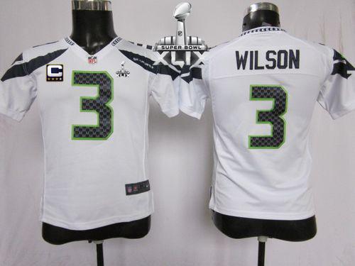  Seahawks #3 Russell Wilson White With C Patch Super Bowl XLIX Youth Stitched NFL Elite Jersey