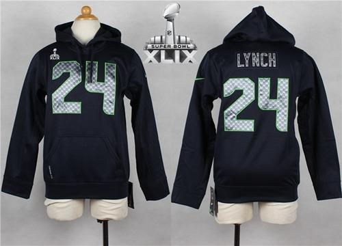  Seahawks #24 Marshawn Lynch Steel Blue Super Bowl XLIX Youth Player NFL Hoodie