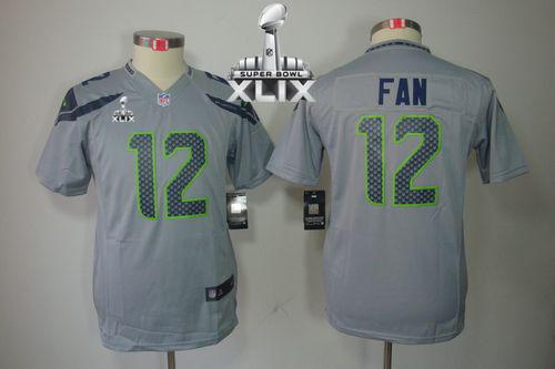  Seahawks #12 Fan Grey Alternate Super Bowl XLIX Youth Stitched NFL Limited Jersey