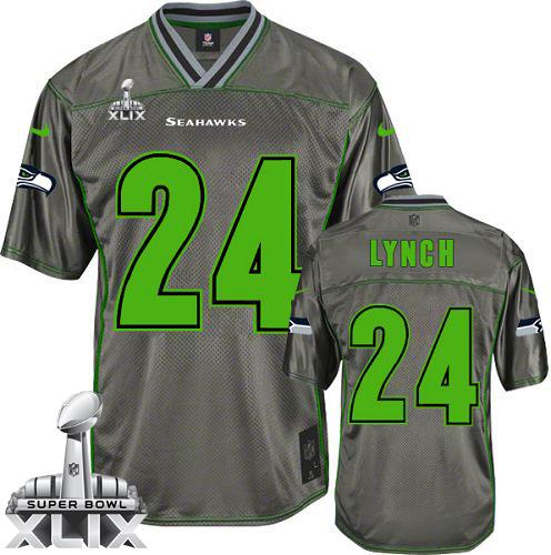 Seahawks #24 Marshawn Lynch Grey Super Bowl XLIX Youth Stitched NFL Elite Vapor Jersey