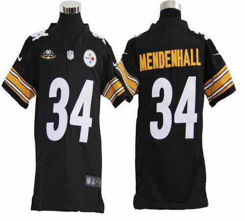  Steelers #34 Rashard Mendenhall Black Team Color With 80TH Patch Youth Stitched NFL Elite Jersey