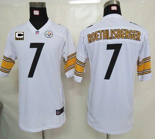  Steelers #7 Ben Roethlisberger White With C Patch Youth Stitched NFL Elite Jersey