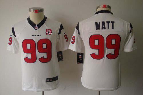  Texans #99 J.J. Watt White With 10TH Patch Youth Stitched NFL Limited Jersey